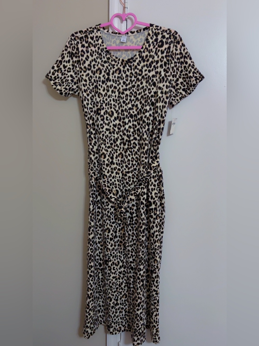 Old Navy Beige and Black Leopard-Print Midi Dress with Tie Waist